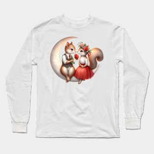 Valentine Squirrel Couple on Moon Long Sleeve T-Shirt